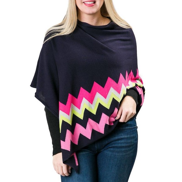 Top It Off Accessories - Adele Poncho Navy Blue Pink  Zig Zag Design